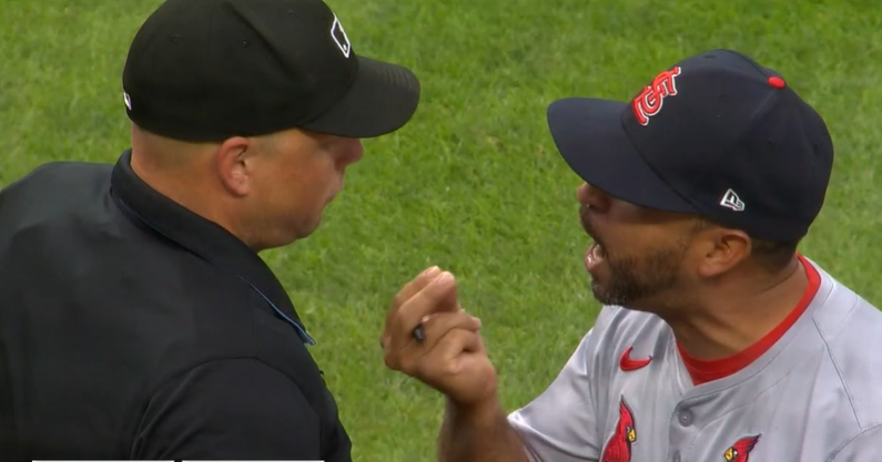 Oli Marmol calmy explains to the umpire why he deserves 
to be Manager of the Year