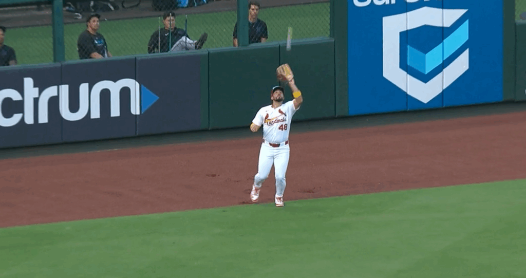 Ivan Herrera about to catch his first out in Left Field as a Major Leaguer